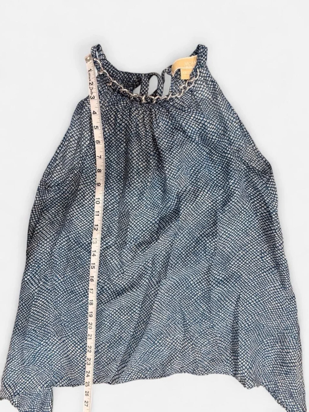 Michael Kors Silk Chain Neck Halter Blouse XS Petite Blue White Resort Top